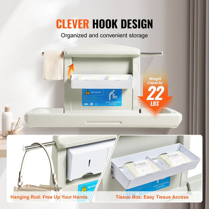 Wall-Mounted Foldable Baby Changing Table with Safety Straps & Hanging Rods