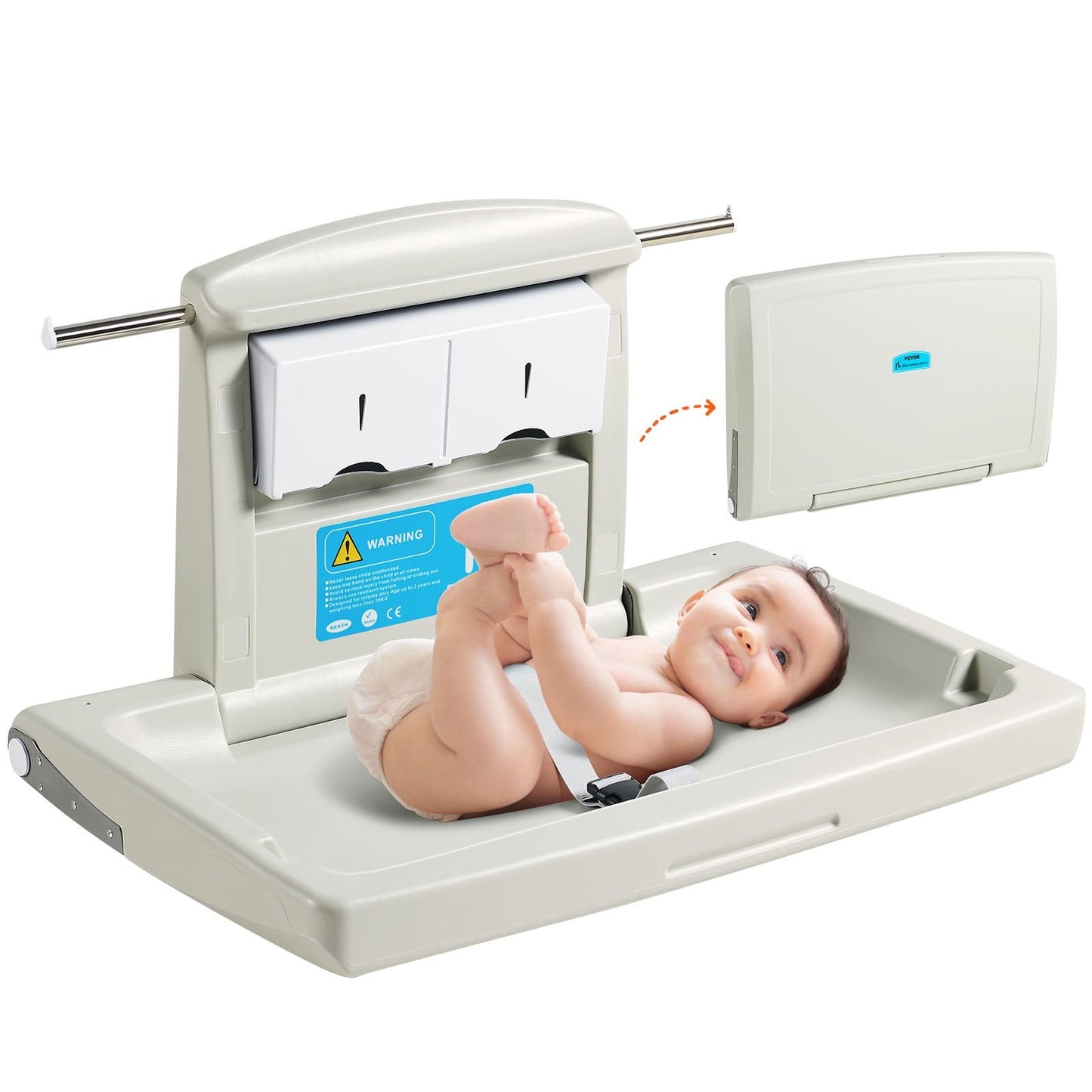 Wall-Mounted Foldable Baby Changing Table with Safety Straps & Hanging Rods