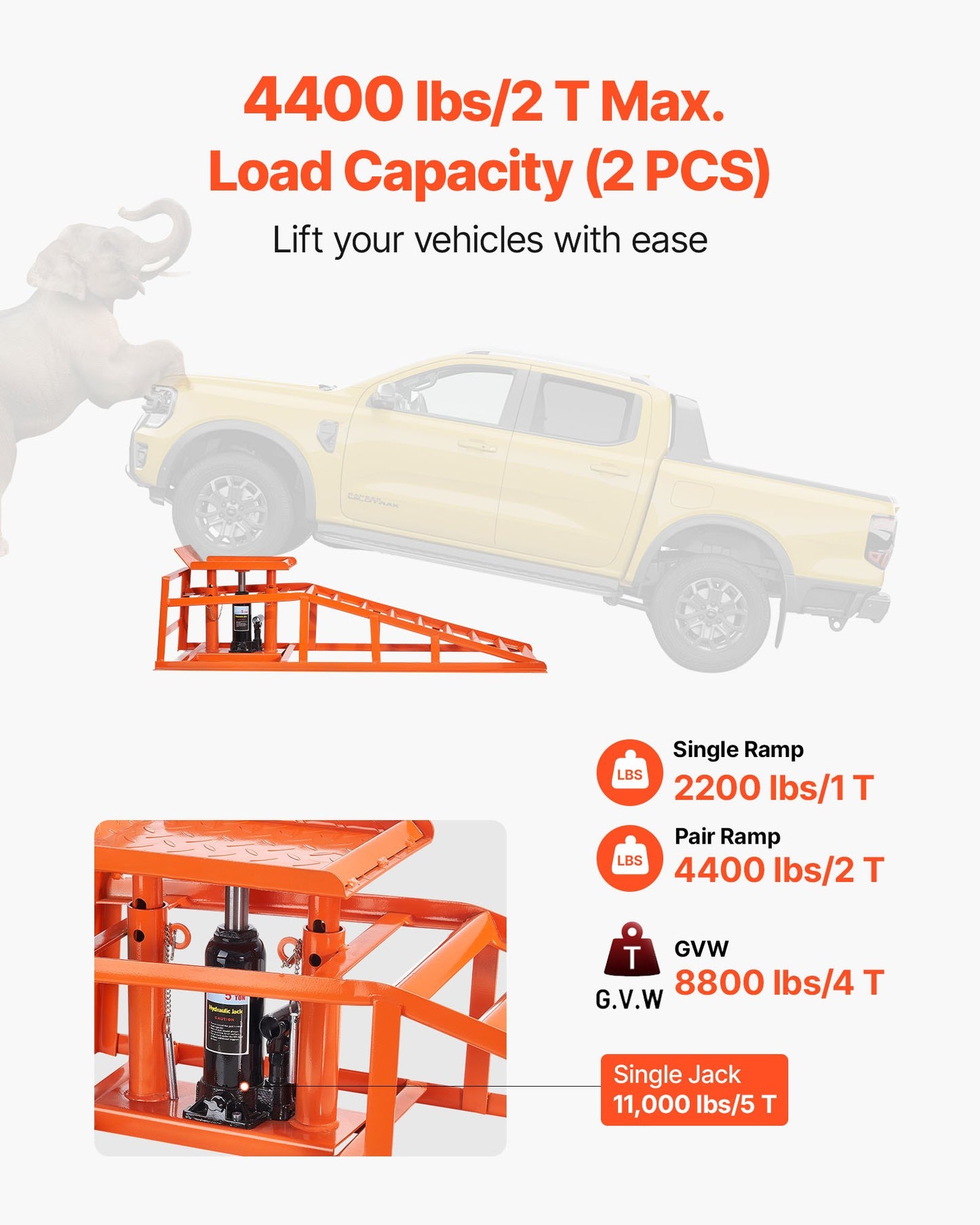Hydraulic Car Ramps, 2 PCS 5T 11000 lbs, 270-360 mm Lift Height, Heavy Duty Hydraulic Vehicle Ramps, Portable Car Lifts for Home Garage Maintenance and Oil Changes, Truck Vehicle Auto Repair