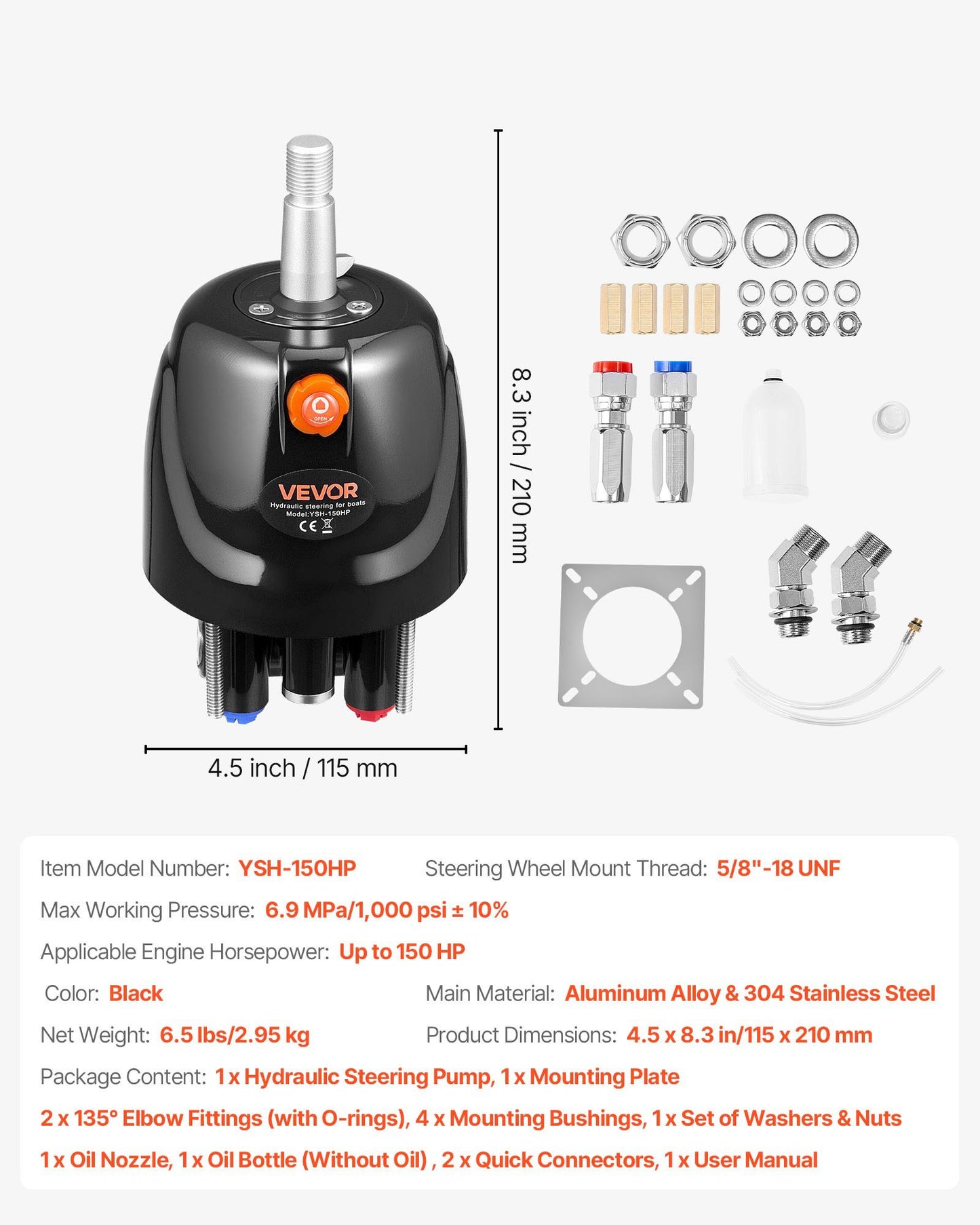 Hydraulic Steering Helm Pump, 150 HP, Helm Pump for Boat, with 6.9 MPa/1000 psi Max Working Pressure, Aluminum Alloy Housing, Check Valve, Replaceable Shaft Seal, for Outboards Fishing Boats
