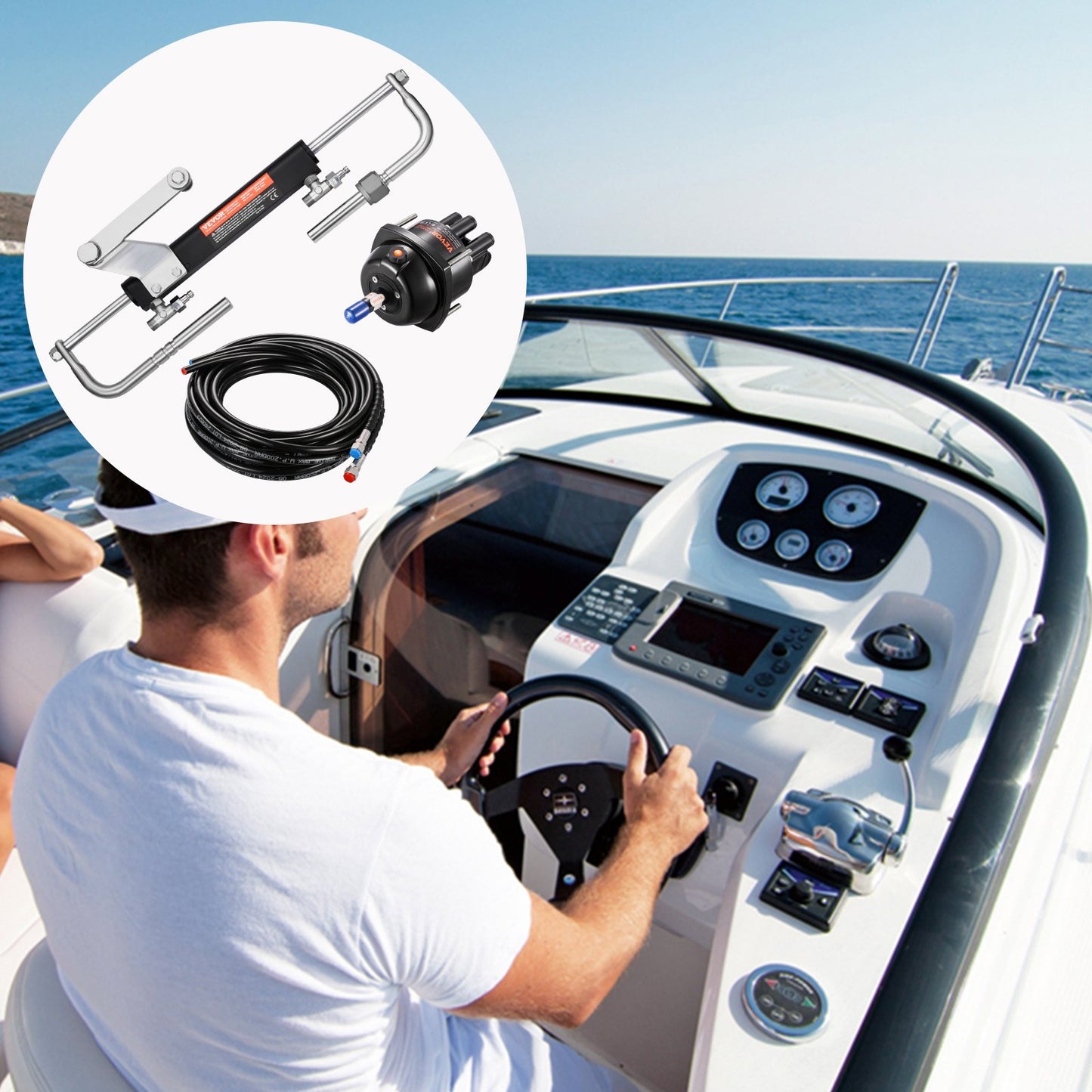 90HP Hydraulic Outboard Steering Kit, Marine Boat Hydraulic Steering System with 13.5-inch Steering Wheel, Helm Pump, Hydraulic Cylinder & 2PCS 26FT Hoses for Single Station Single-Engine Boats