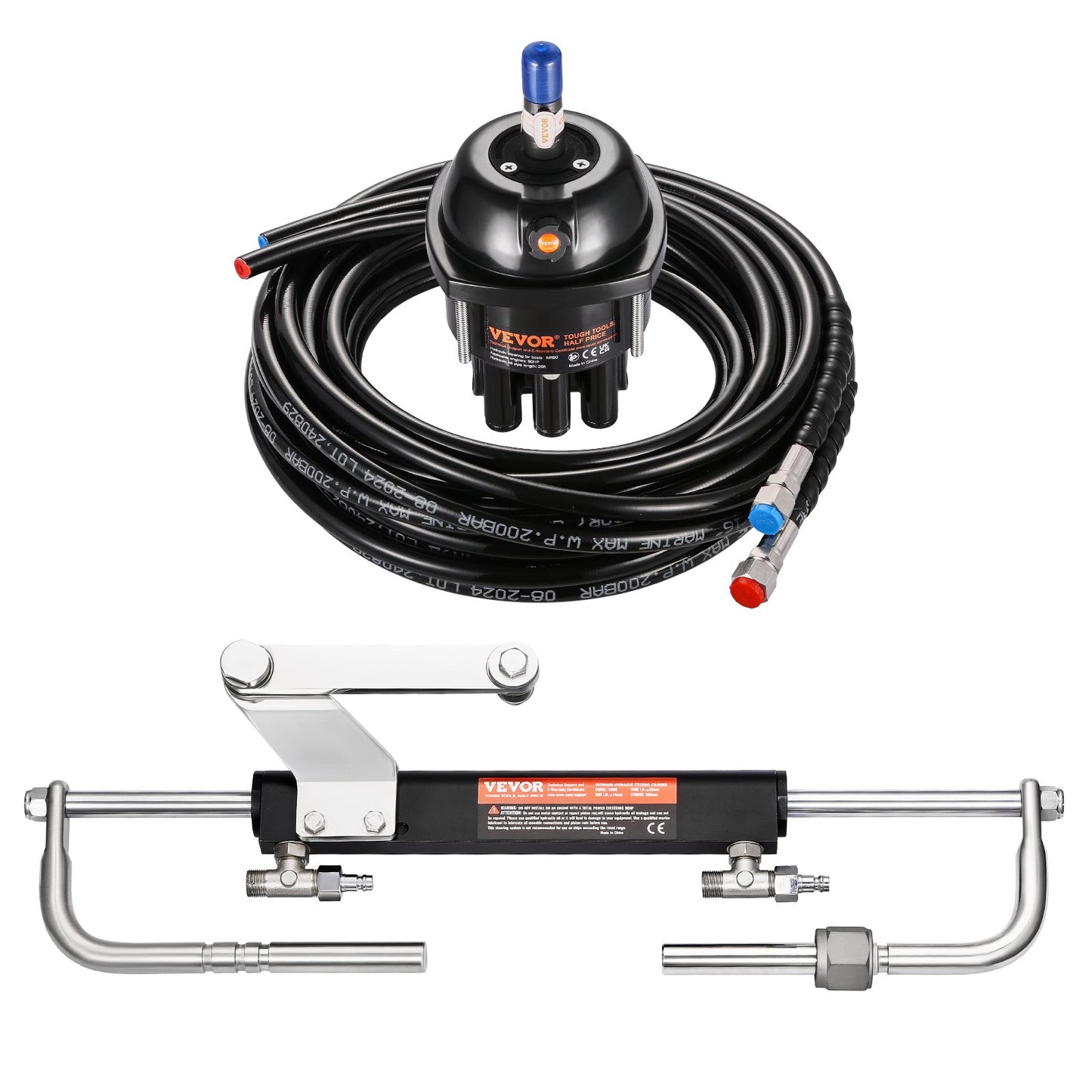 90HP Hydraulic Outboard Steering Kit, Marine Boat Hydraulic Steering System with 13.5-inch Steering Wheel, Helm Pump, Hydraulic Cylinder & 2PCS 26FT Hoses for Single Station Single-Engine Boats