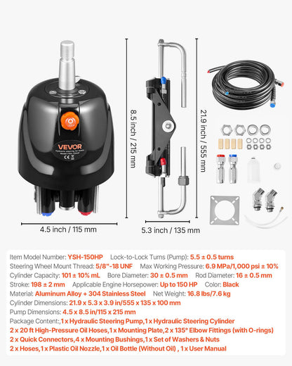 Hydraulic Steering Kit, 150 HP, Marine Boat Hydraulic Steering System, with 6.9 MPa/1000 psi Helm Pump, Two-Way Lock Cylinder, and 7.32m High-Strength Hoses, for Single Station Single-Engine Use