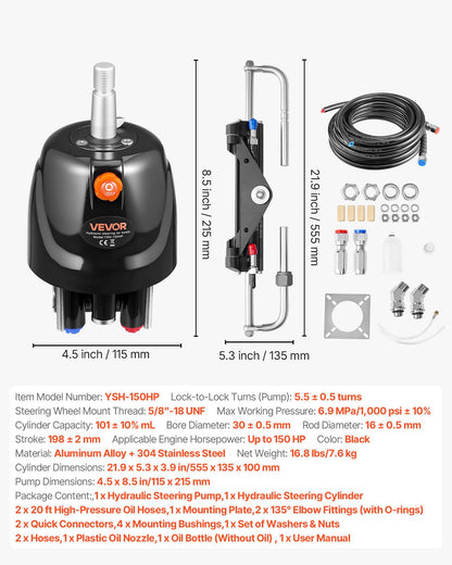 Hydraulic Steering Kit, 150 HP, Marine Boat Hydraulic Steering System, with 6.9 MPa/1000 psi Helm Pump, Two-Way Lock Cylinder, and 6 m High-Strength Hoses, for Single Station, Single-Engine Use