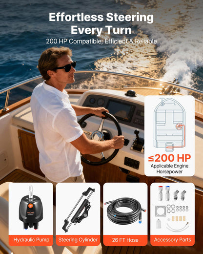 Hydraulic Steering Kit, 200 HP, Marine Boat Hydraulic Steering System, with 6.9 MPa/1000 psi Helm Pump, Two-Way Lock Cylinder, and 7.92m High-Strength Hoses, for Single Station Single-Engine Use