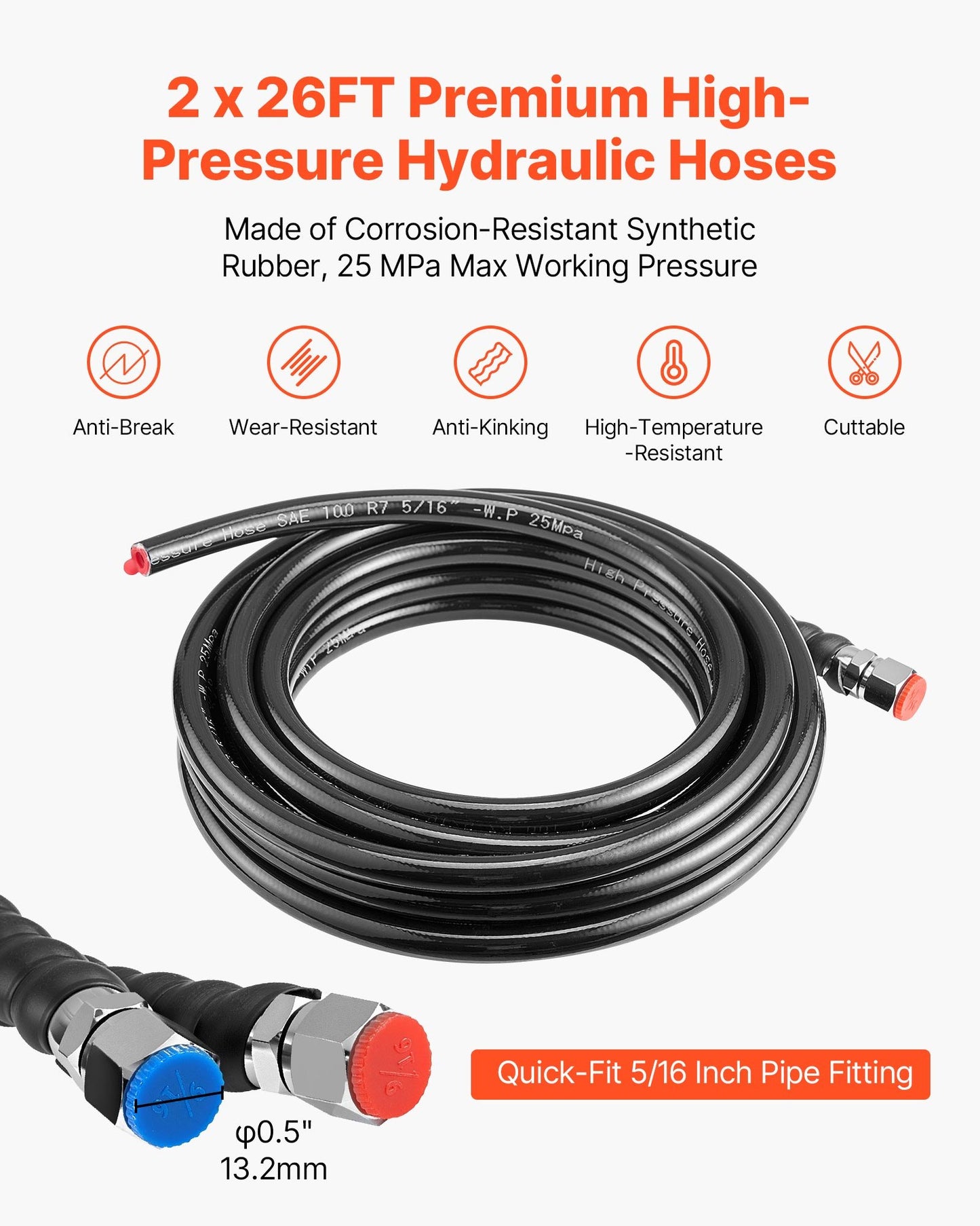 Hydraulic Steering Kit, 200 HP, Marine Boat Hydraulic Steering System, with 6.9 MPa/1000 psi Helm Pump, Two-Way Lock Cylinder, and 7.92m High-Strength Hoses, for Single Station Single-Engine Use