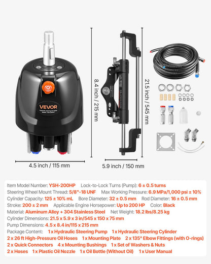 Hydraulic Steering Kit, 200 HP, Marine Boat Hydraulic Steering System, with 6.9 MPa/1000 psi Helm Pump, Two-Way Lock Cylinder, and 7.92m High-Strength Hoses, for Single Station Single-Engine Use