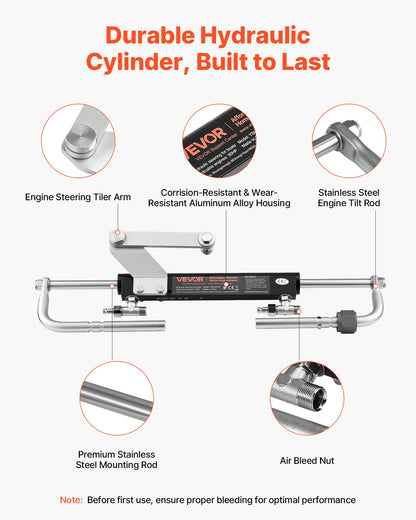 Hydraulic Steering Kit, 90 HP, Hydraulic Steering Helm Pump & Cylinder, with 6.9 MPa/1000 psi Max Working Pressure, Aluminum Alloy Housing, Check Valve, for Outboards Fishing Boats Sailboats