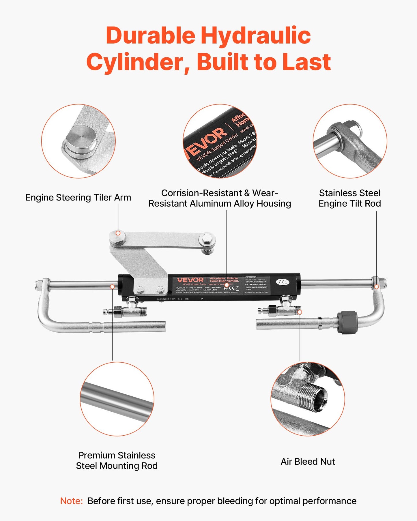 Hydraulic Steering Kit, 90 HP, Marine Boat Hydraulic Steering System, with 6.9 MPa/1000 psi Helm Pump, Two-Way Lock Cylinder, and 7.32m High-Strength Hoses, for Single Station, Single-Engine Use