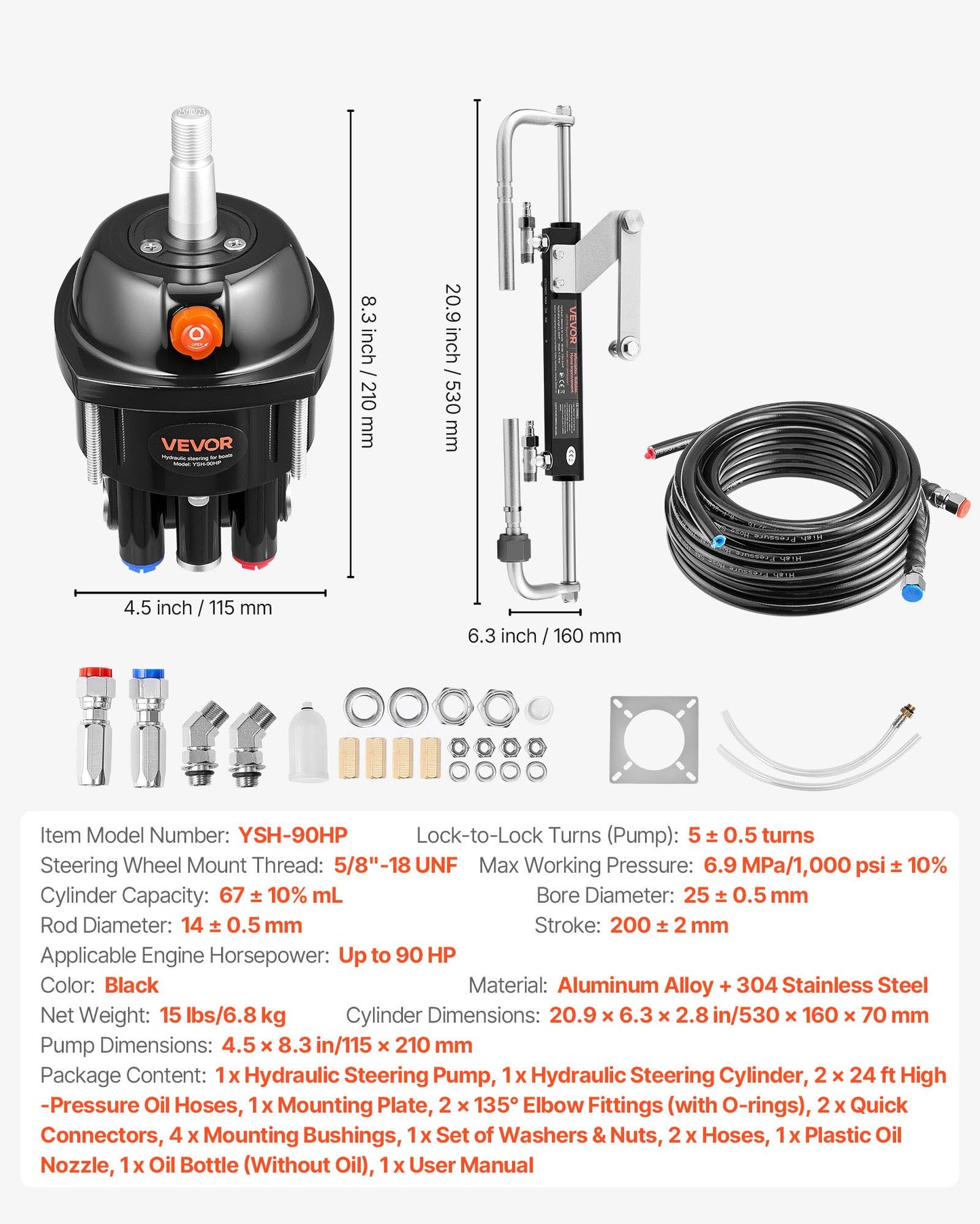 Hydraulic Steering Kit, 90 HP, Marine Boat Hydraulic Steering System, with 6.9 MPa/1000 psi Helm Pump, Two-Way Lock Cylinder, and 7.32m High-Strength Hoses, for Single Station, Single-Engine Use