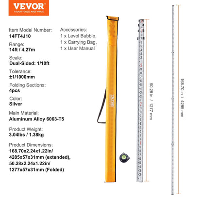 Telescopic 4.27m Grade Rod with Bag, 6 Sections, Aluminum, Double-Sided Marks