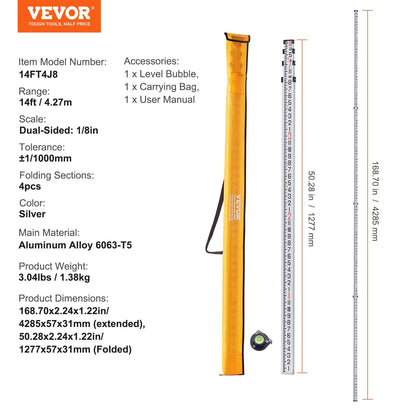 Telescopic 4.27m Grade Rod with Bag, Aluminum Alloy, 4 Sections