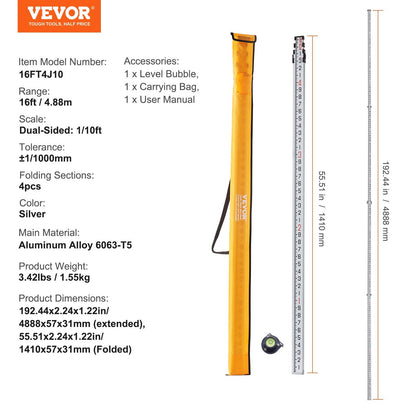 Telescopic 4-Section Grade Rod with Bag, 4.88m Aluminum Leveling Tool