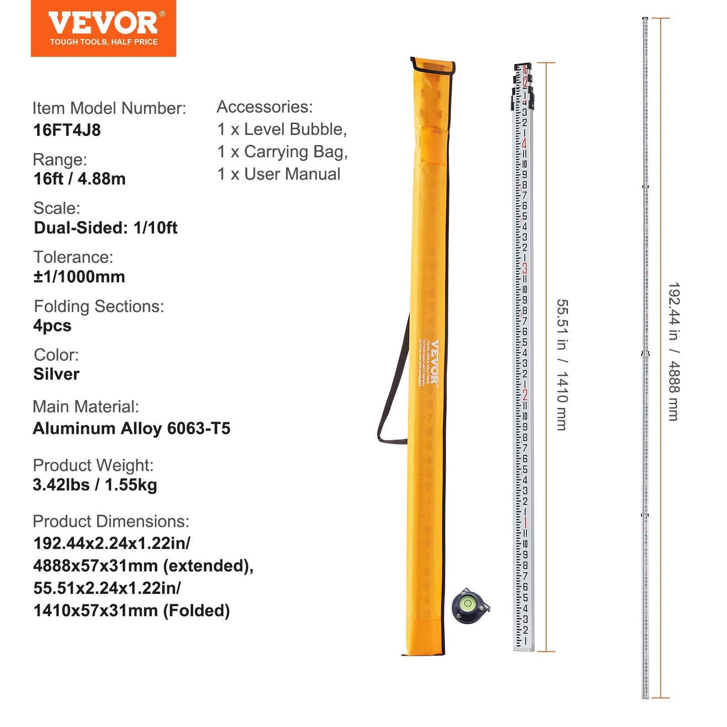 Telescopic Grade Rod, 4.88m, Aluminum, 4 Sections with Carrying Bag