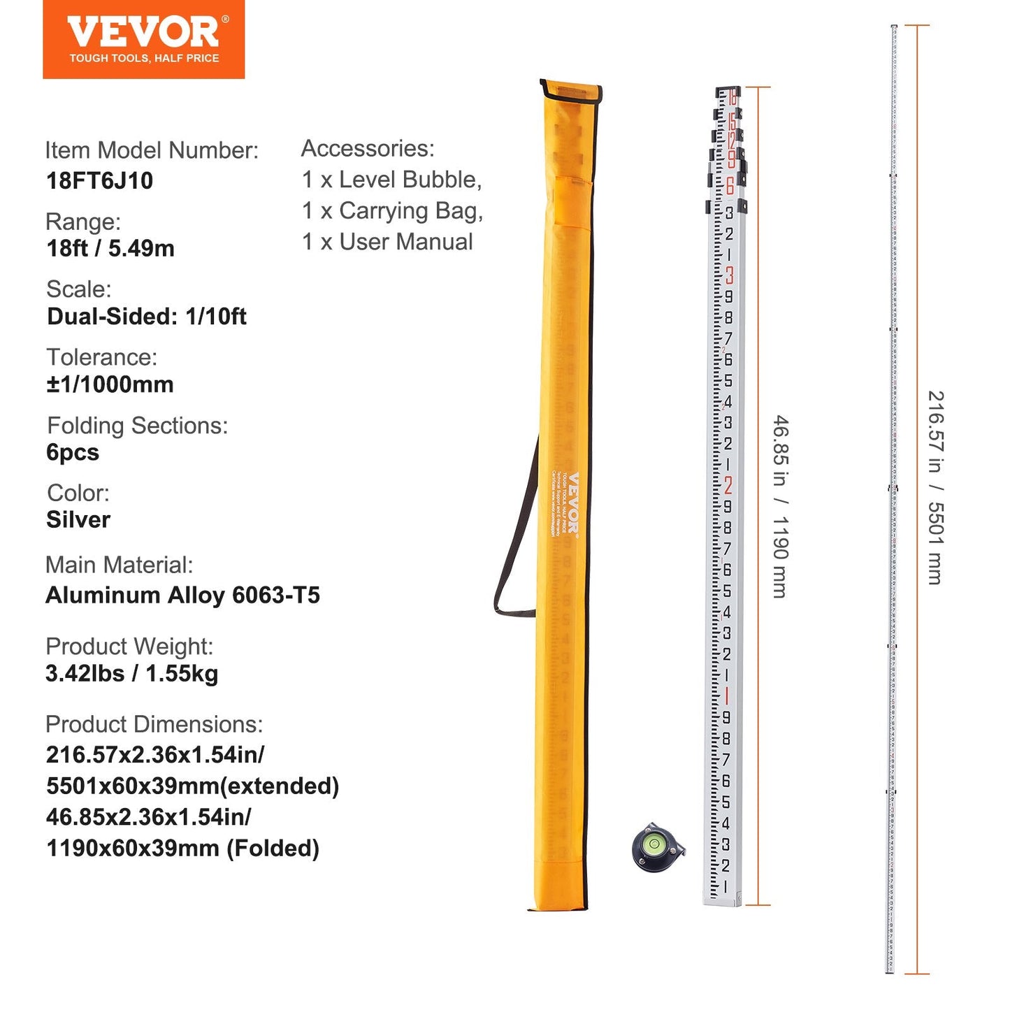 Telescopic Grade Rod, 5.49m with Bag, 6 Sections, High-Precision Aluminum