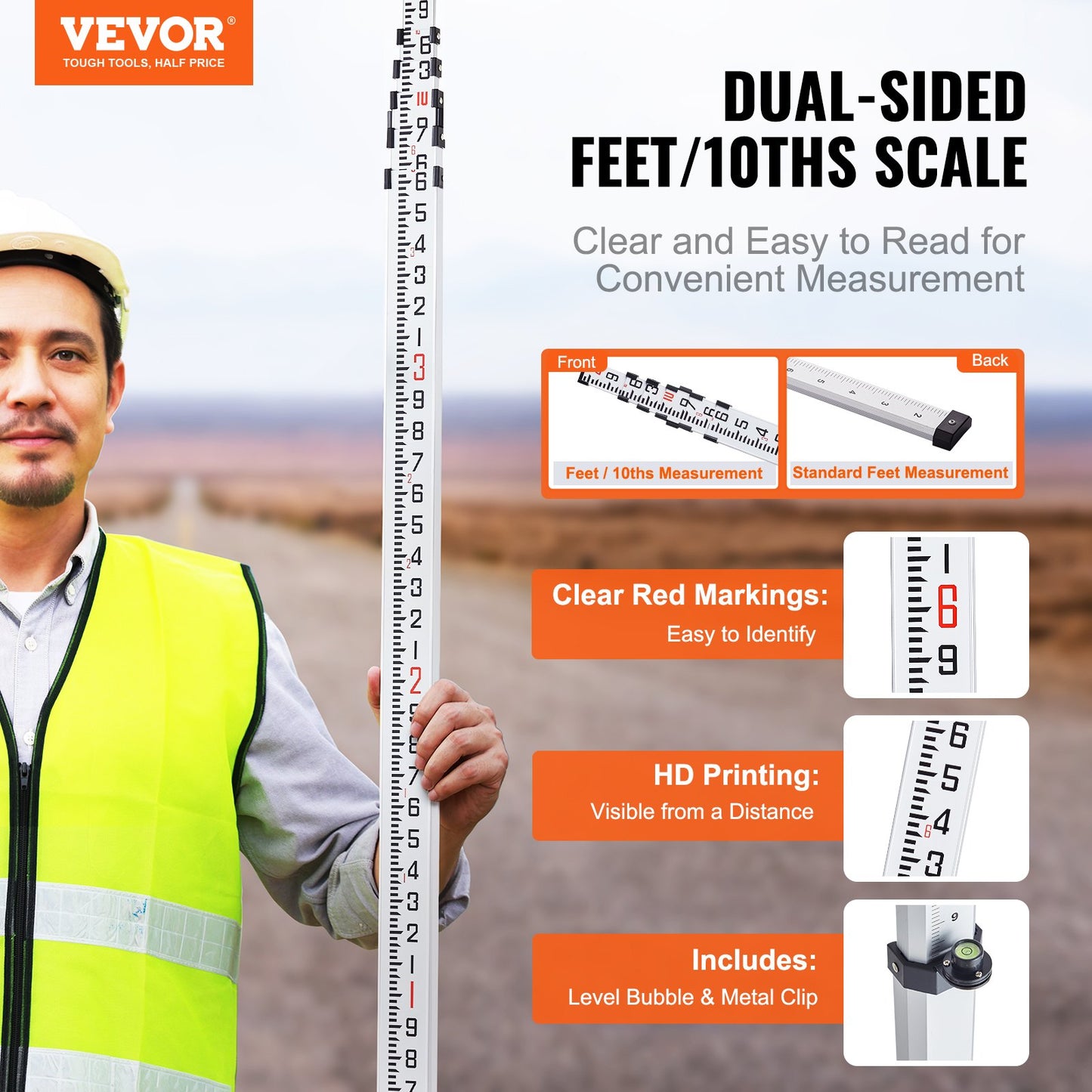 VEVOR Aluminum Grade Rod, 20-Feet/10ths 6 Sections Telescopic Measuring Rod,Double-Sided