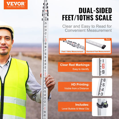 Aluminum Telescopic Measuring Rod, 6.10m, Double-Sided with Bubble Level