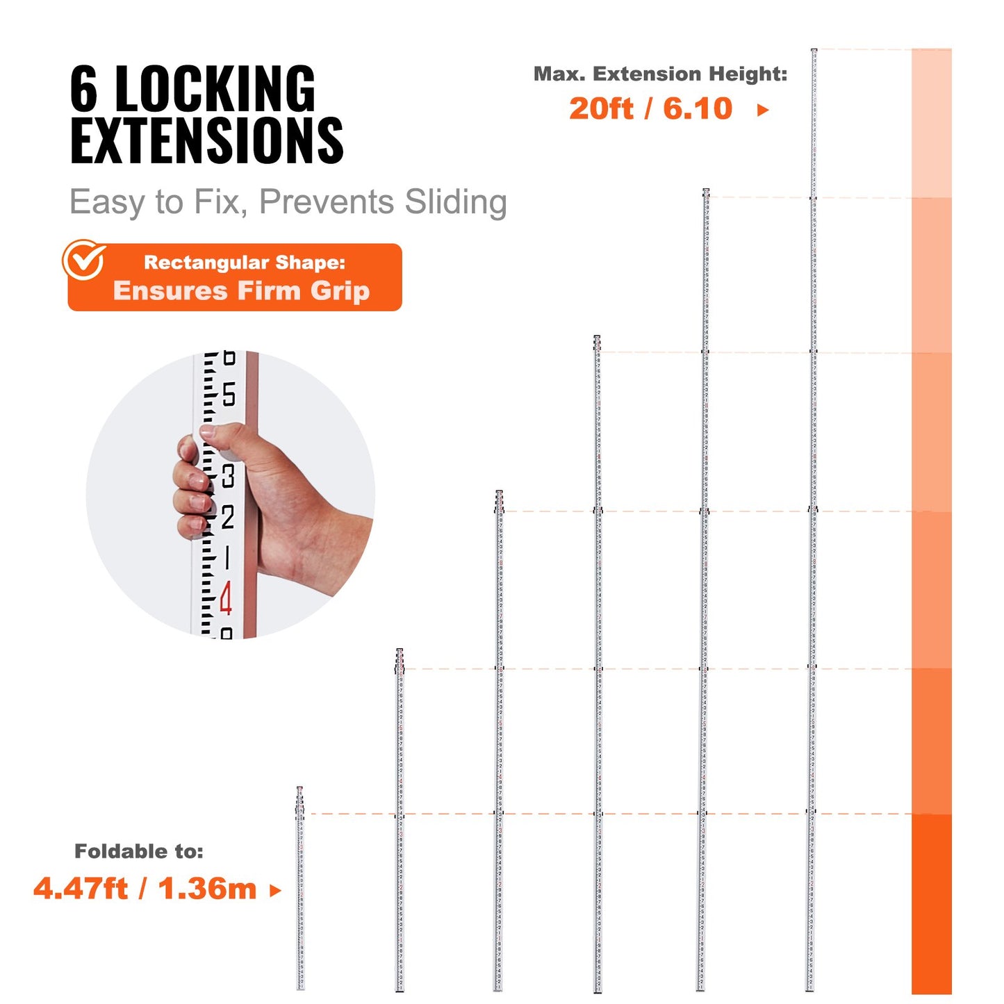 VEVOR Aluminum Grade Rod, 20-Feet/10ths 6 Sections Telescopic Measuring Rod,Double-Sided