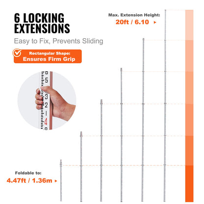 VEVOR Aluminum Grade Rod, 20-Feet/10ths 6 Sections Telescopic Measuring Rod,Double-Sided