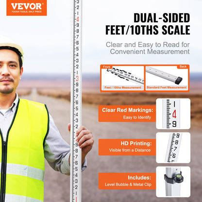 VEVOR Aluminum Grade Rod, 25-Feet/10ths 6 Sections Telescopic Measuring Rod,Double-Sided