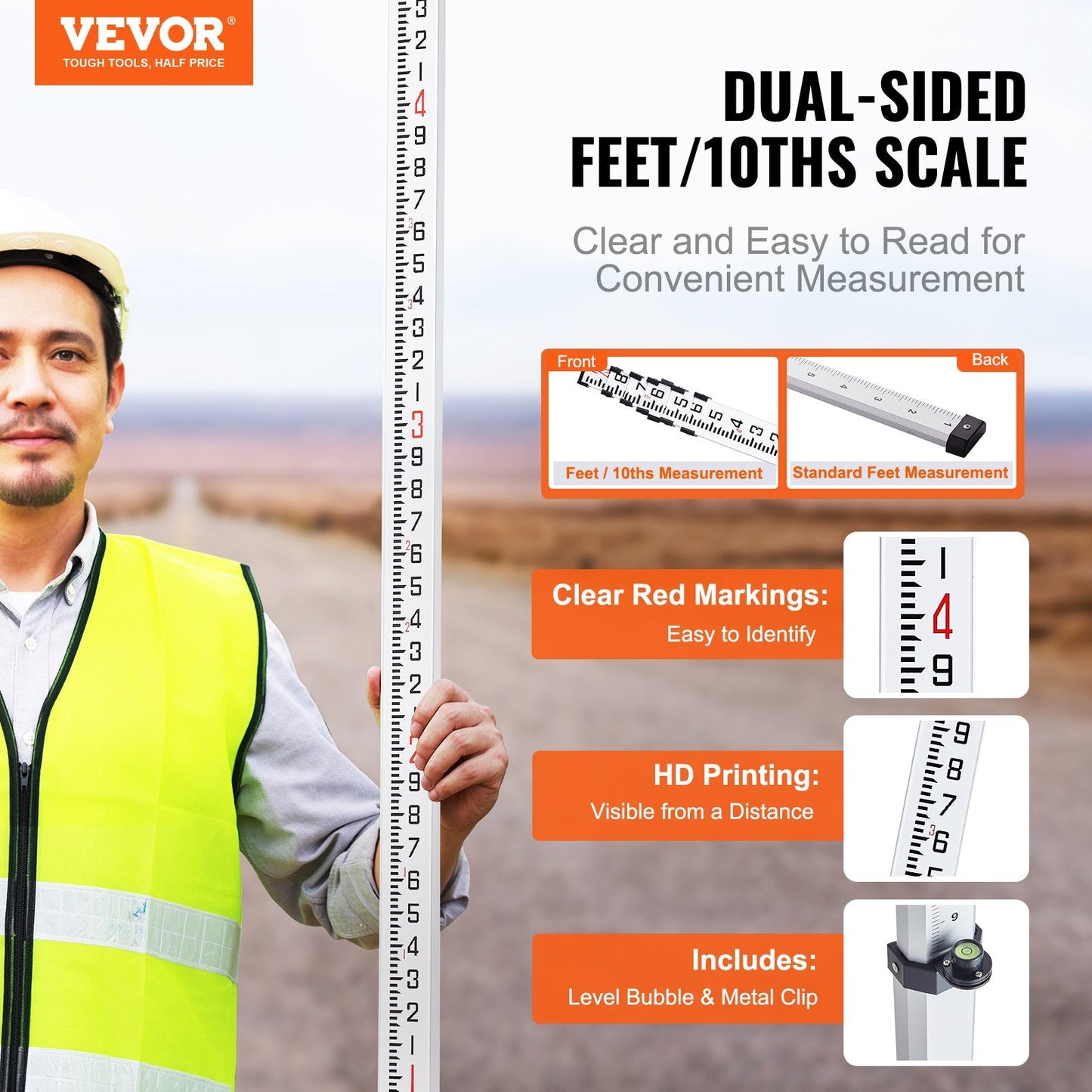 Aluminum Telescopic Grade Rod, 7.62m, Double-Sided, Bubble Level, Carry Bag Included