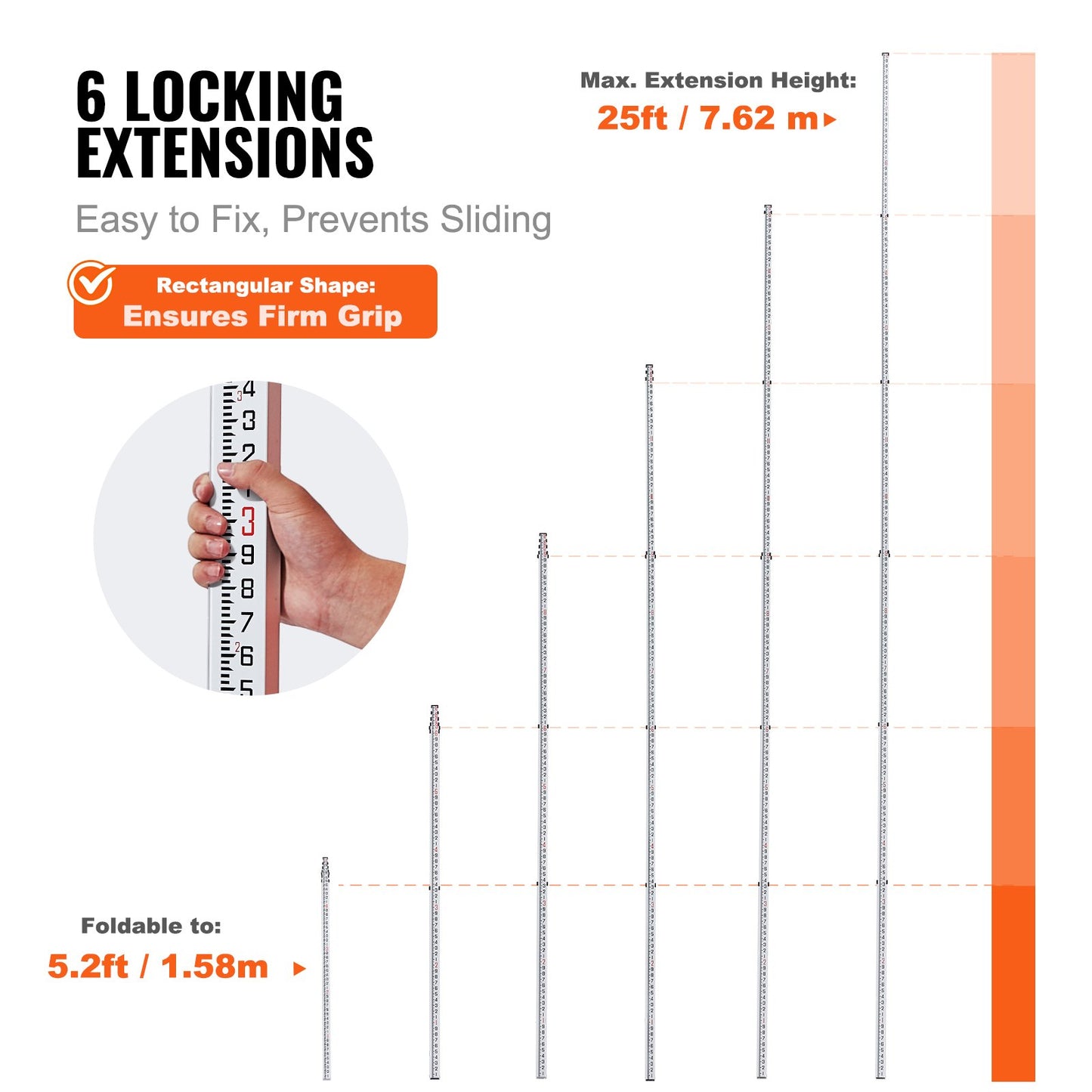 VEVOR Aluminum Grade Rod, 25-Feet/10ths 6 Sections Telescopic Measuring Rod,Double-Sided