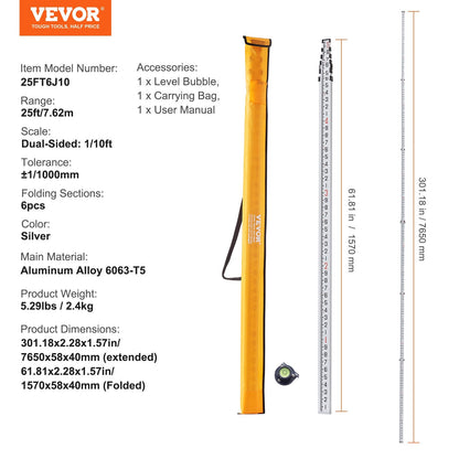 Aluminum Telescopic Grade Rod, 7.62m, Double-Sided, Bubble Level, Carry Bag Included