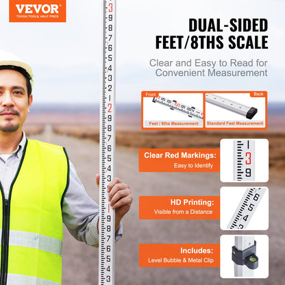 VEVOR Measuring Rod 9-Feet/10ths 3 Sections Telescopic Grade Rod 1/10ft w/ Bag