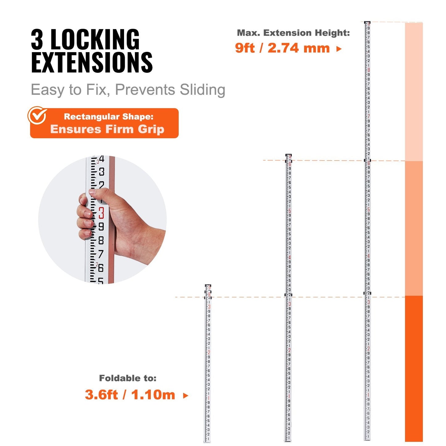 Telescopic 2.74m Grade Rod, 3-Section Aluminum, with Carrying Bag