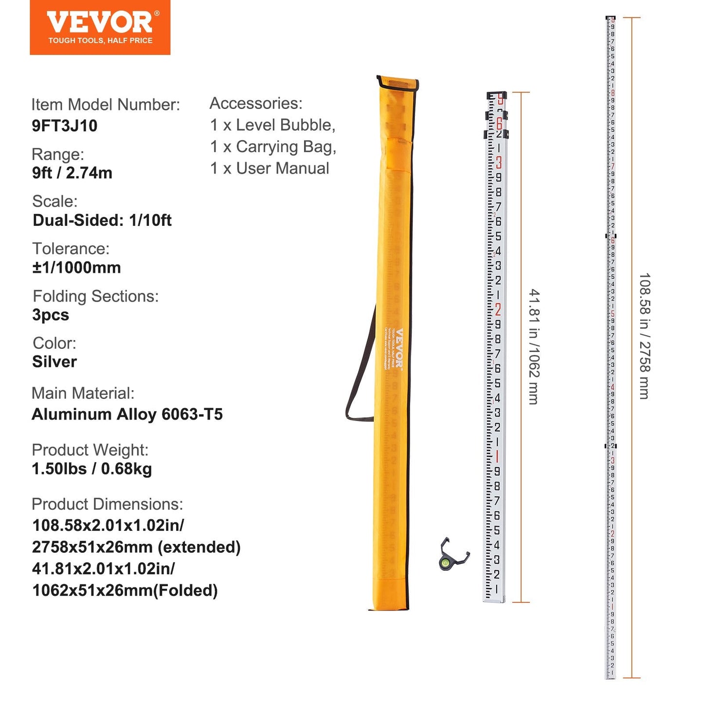 Telescopic 2.74m Grade Rod, 3-Section Aluminum, with Carrying Bag