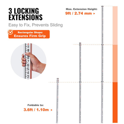 Telescopic 2.74m Grade Rod, 3-Section Aluminum with Bag, 0.68kg