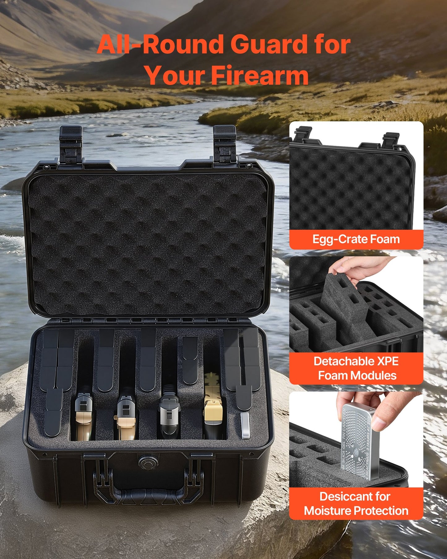 Hard Pistol Case, Heavy Duty Hard Gun Case with XPE Foam Lining, Waterproof Pistol Storage Box with Customizable Interior & Handle for Gun, Lenses, Camera, Gear, TSA Compliant, 404x319x192 mm