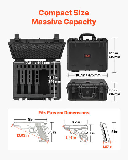 Hard Pistol Case, Heavy Duty Hard Gun Case with XPE Foam Lining, Waterproof Pistol Storage Box with Customizable Interior & Handle for Gun, Lenses, Camera, Gear, TSA Compliant, 475x415x215 mm