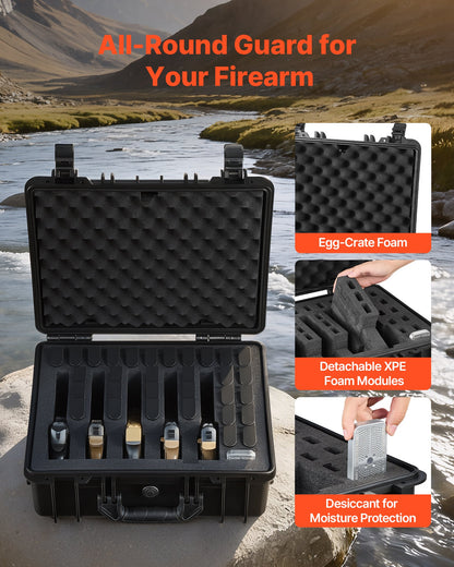 Hard Pistol Case, Heavy Duty Hard Gun Case with XPE Foam Lining, Waterproof Pistol Storage Box with Customizable Interior & Handle for Gun, Lenses, Camera, Gear, TSA Compliant, 475x415x215 mm