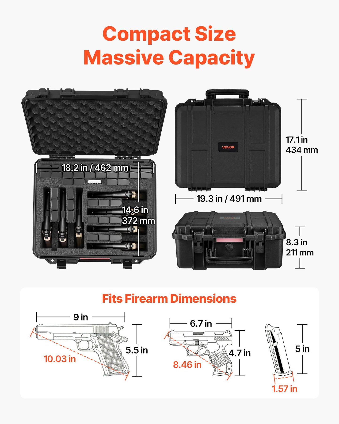 Hard Pistol Case, Heavy Duty Hard Gun Case with XPE Foam Lining, Waterproof Pistol Storage Box with Customizable Interior & Handle for Gun, Lenses, Camera, Gear, TSA Compliant, 491x434x211 mm