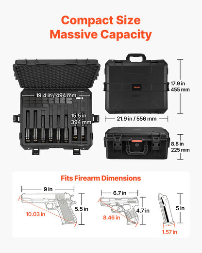 Hard Pistol Case, Heavy Duty Hard Gun Case with XPE Foam Lining, Waterproof Pistol Storage Box with Customizable Interior & Handle for Gun, Lenses, Camera, Gear, TSA Compliant, 556x455x225 mm