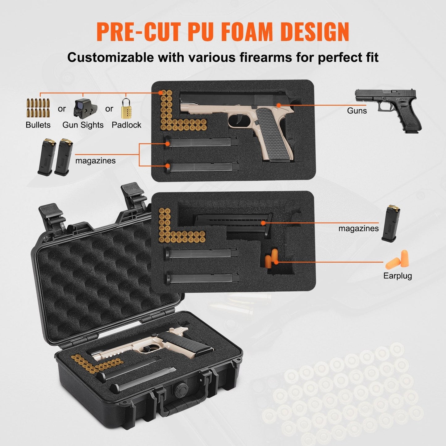 Lockable Hard Pistol Case with Pre-cut Foam, Waterproof and TSA Approved