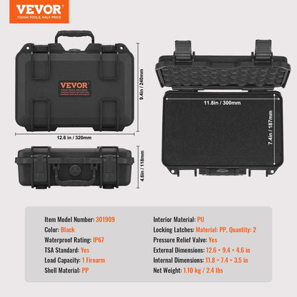 Lockable Hard Pistol Case with Pre-cut Foam, Waterproof and TSA Approved