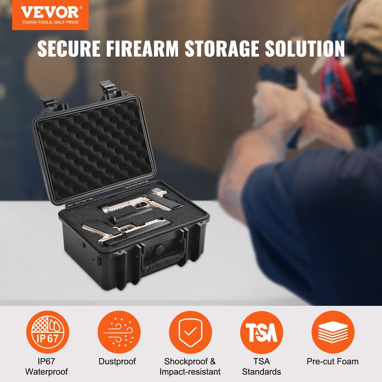Lockable Hard Pistol Case with Pre-Cut Foam for 2 Guns, Waterproof IP68