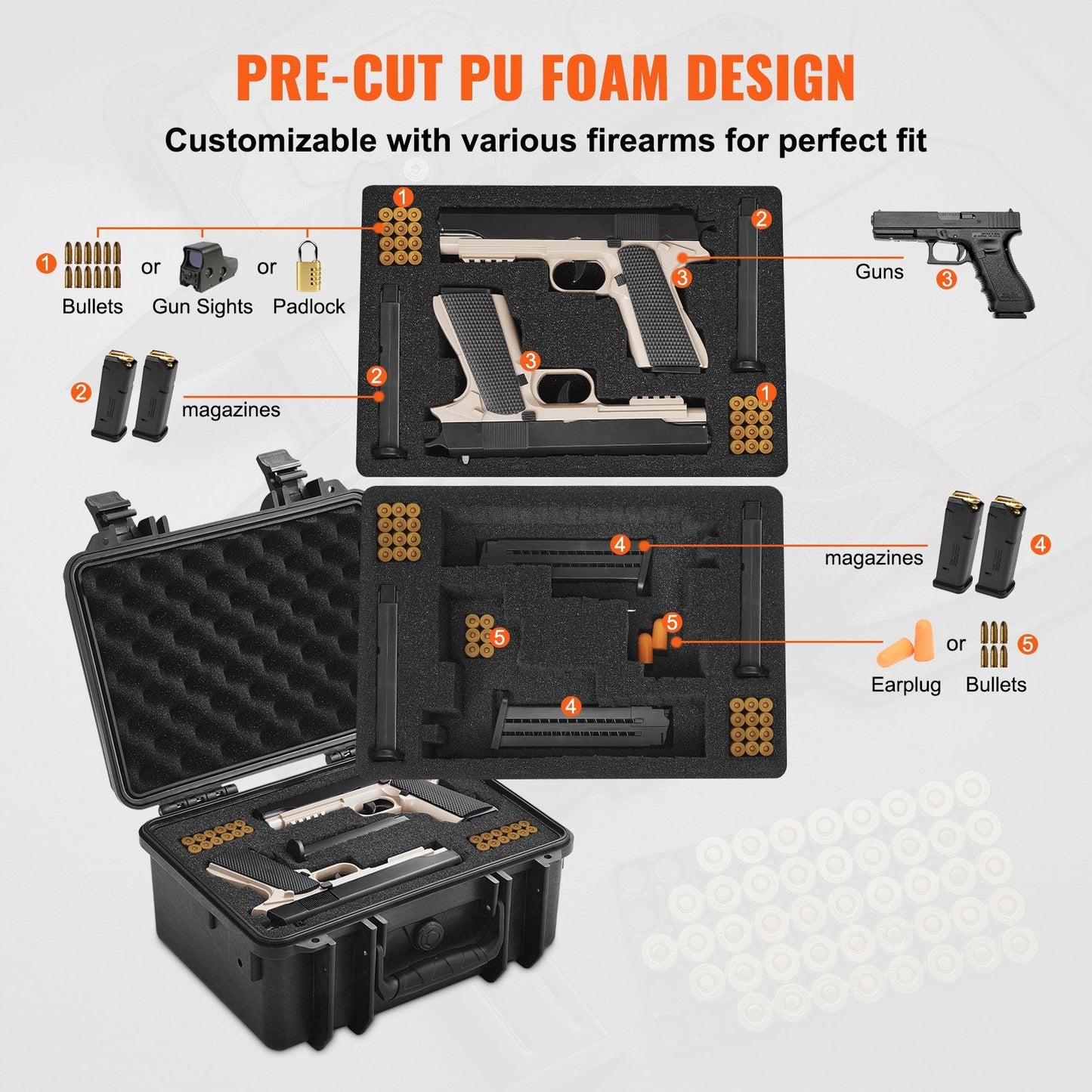 Lockable Hard Pistol Case with Pre-Cut Foam for 2 Guns, Waterproof IP68