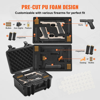 Lockable Hard Pistol Case with Pre-Cut Foam for 2 Guns, Waterproof IP68
