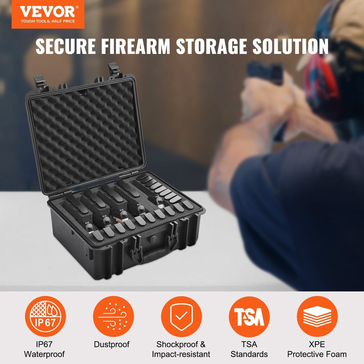 Lockable Waterproof Pistol Case for 5 Firearms with Pre-cut Foam Lining