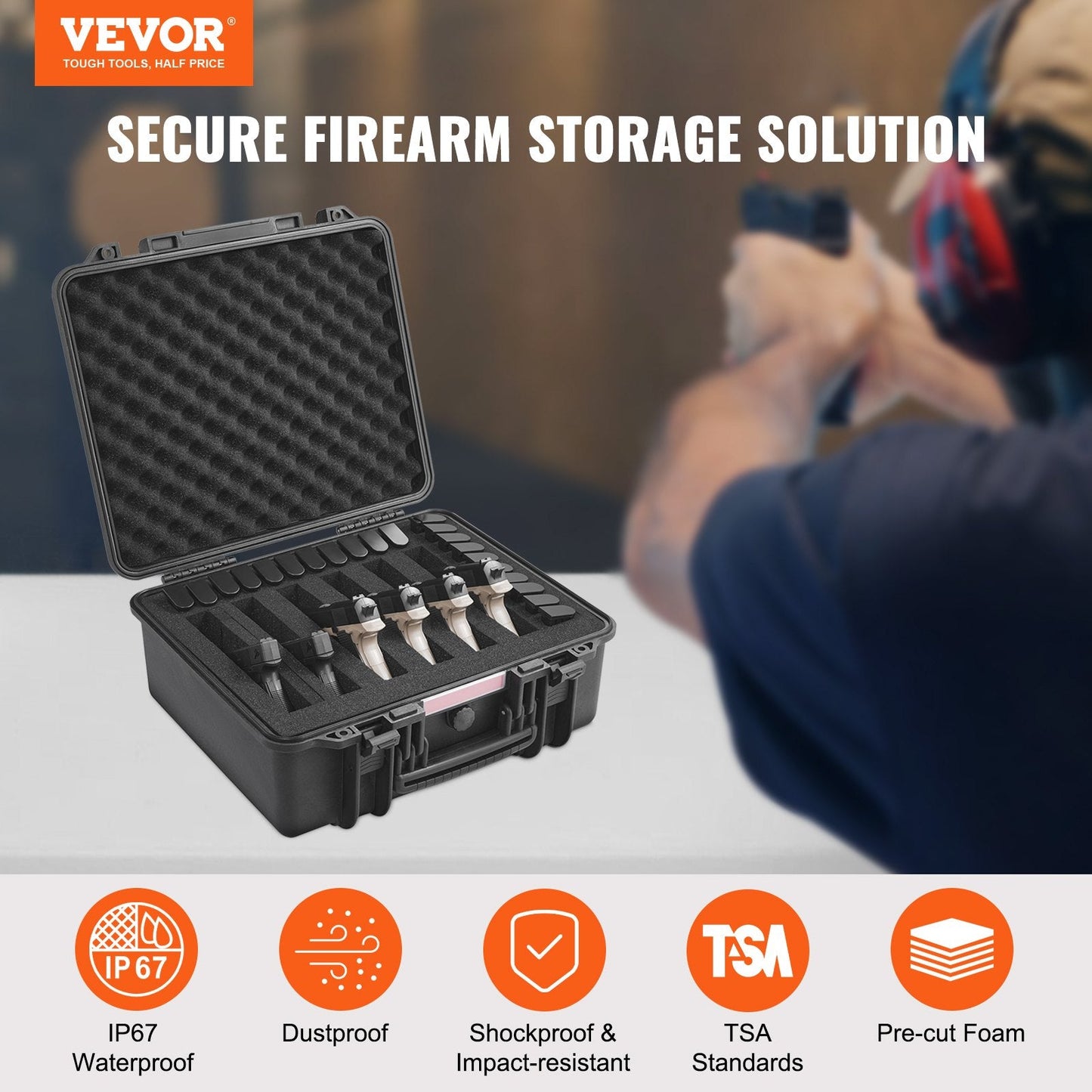 Lockable Hard Pistol Case with Pre-cut Foam for 6 Firearms, Waterproof & TSA Approved