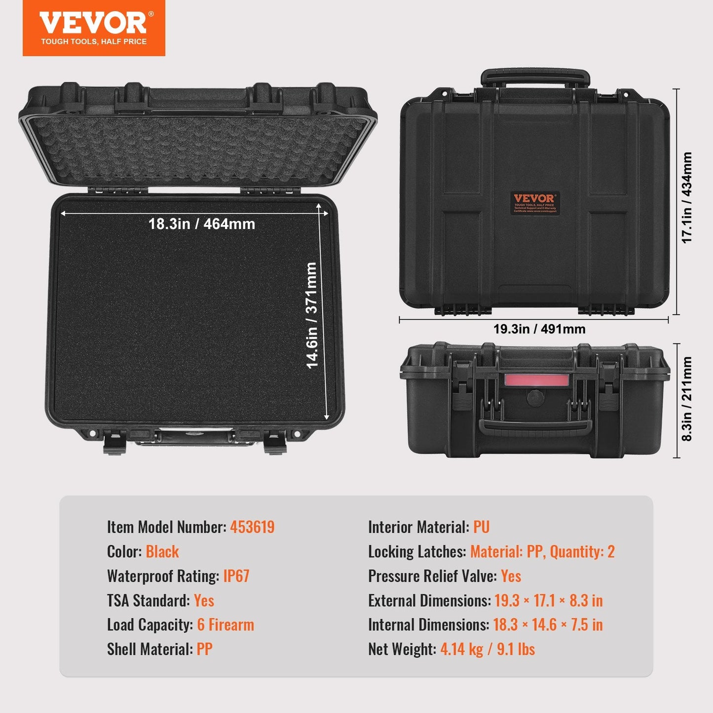 Lockable Hard Pistol Case with Pre-cut Foam for 6 Firearms, Waterproof & TSA Approved