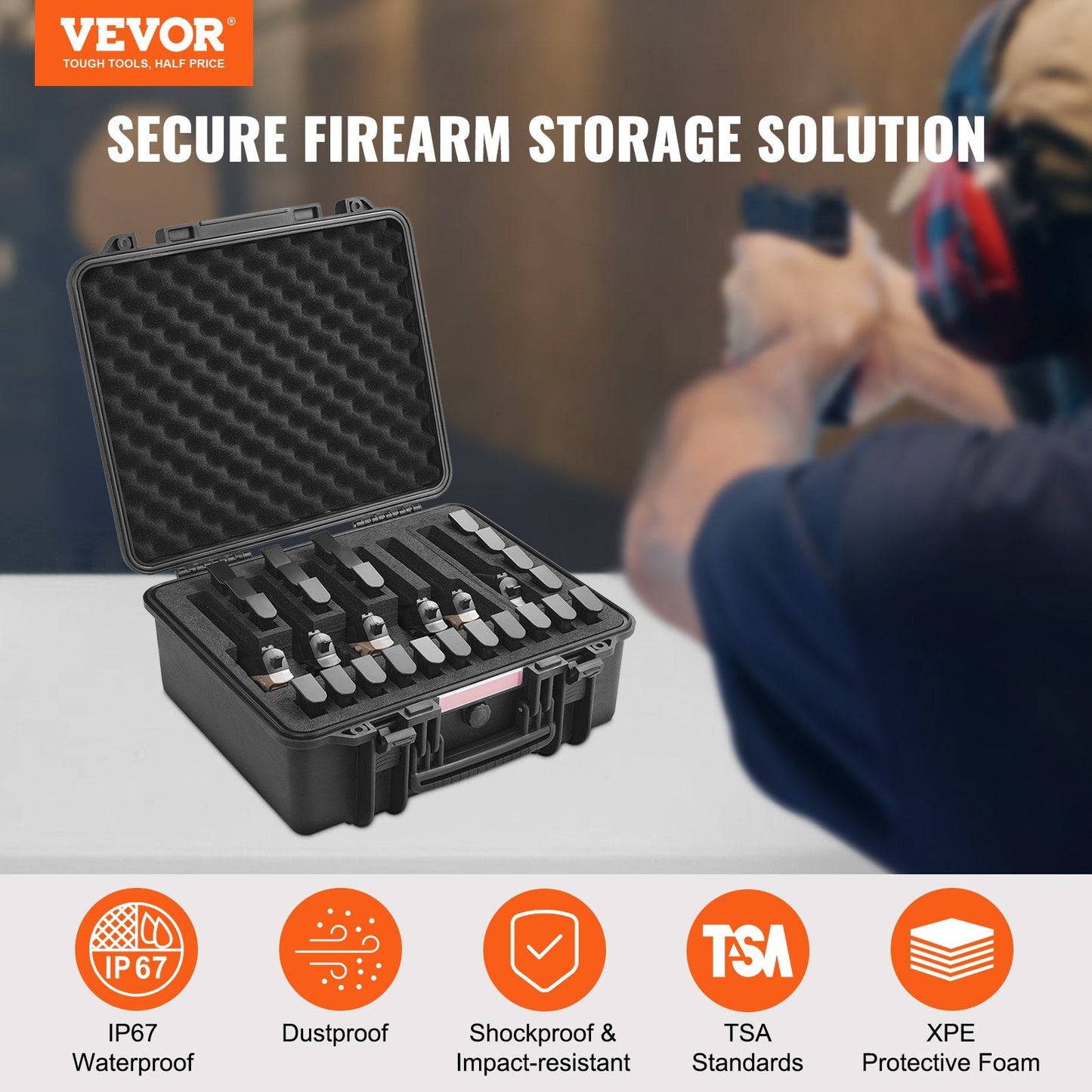 Lockable Waterproof Pistol Case for Six Firearms with Pre-cut Foam Lining