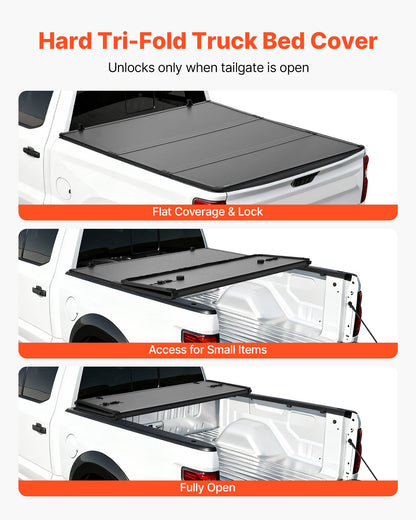 Hard Tri-Fold Truck Bed Tonneau Cover, Compatible with 2007-2025 Chevy Silverado/GMC Sierra 1500 176 cm Short Box (No CarbonPro Bed), Heavy-Duty Waterproof Fiberglass Folding Truck Tonneau Cover