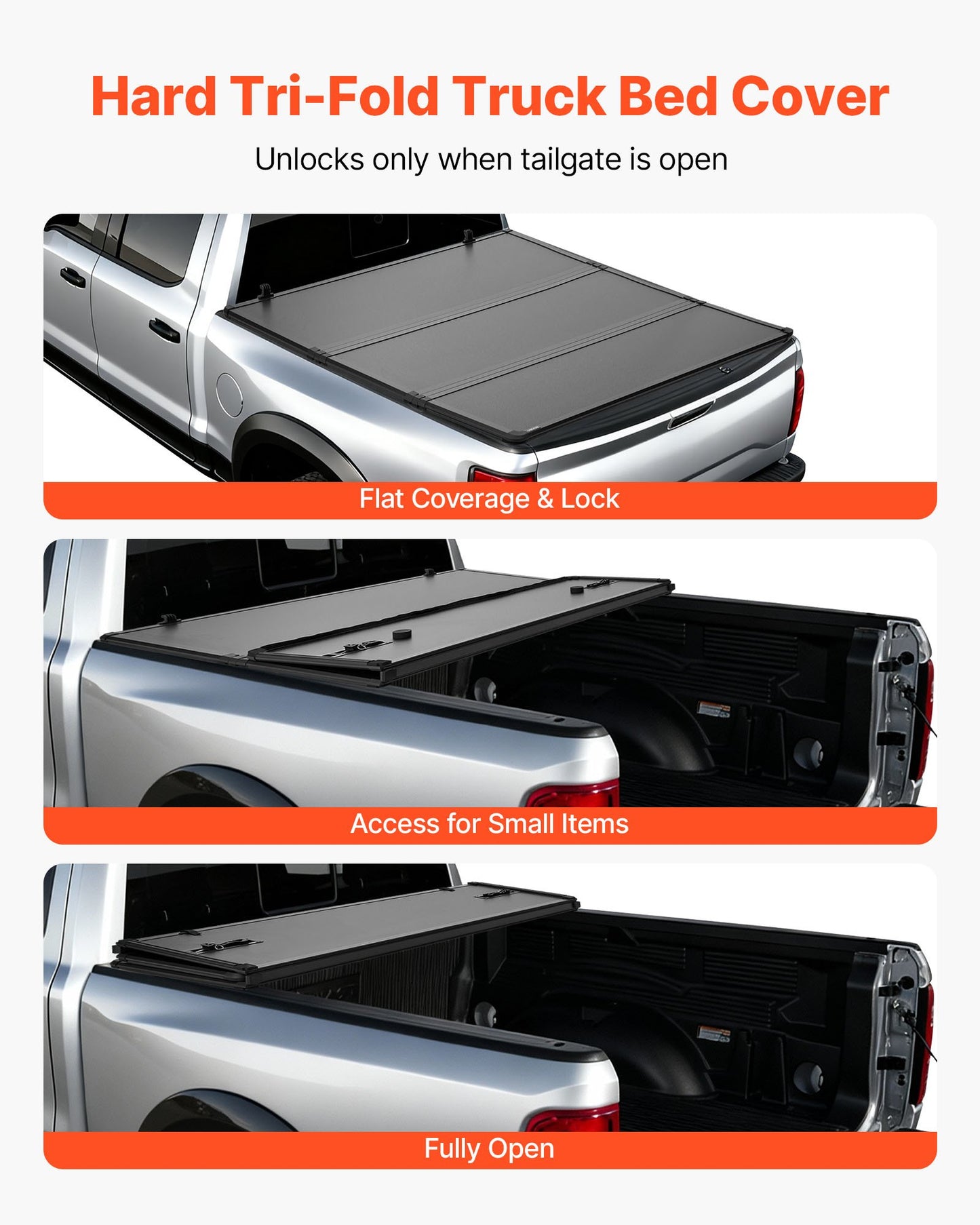 Hard Tri-Fold Truck Bed Tonneau Cover, Compatible with 2019-2024 Dodge Ram 1500 (Incl. Classic & New) 193.8 cm Bed Without Rambox (Not Fit Split Tailgate), Waterproof Folding Truck Tonneau Cover
