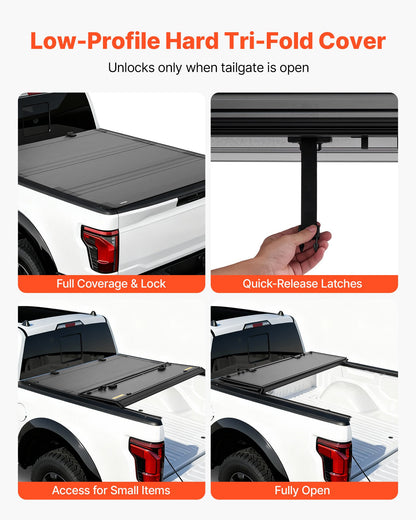 Hard Tri-Fold Truck Bed Tonneau Cover, Compatible with 2021-2025 Ford F-150 (Incl. Raptor/Lightning) 170.4 cm Bed, Waterproof Low-Profile Folding Tonneau Cover with Aluminum Alloy Support Bar