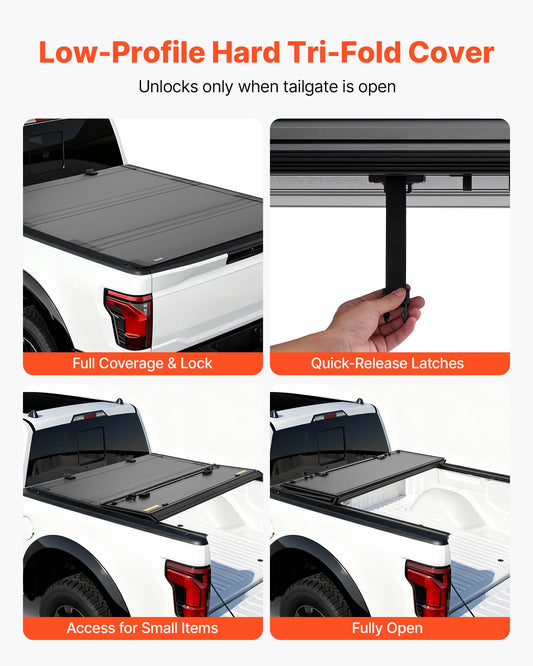 Hard Tri-Fold Truck Bed Tonneau Cover, Compatible with 2021-2025 Ford F-150 (Incl. Raptor/Lightning) 170.4 cm Bed, Waterproof Low-Profile Folding Tonneau Cover with Aluminum Alloy Support Bar
