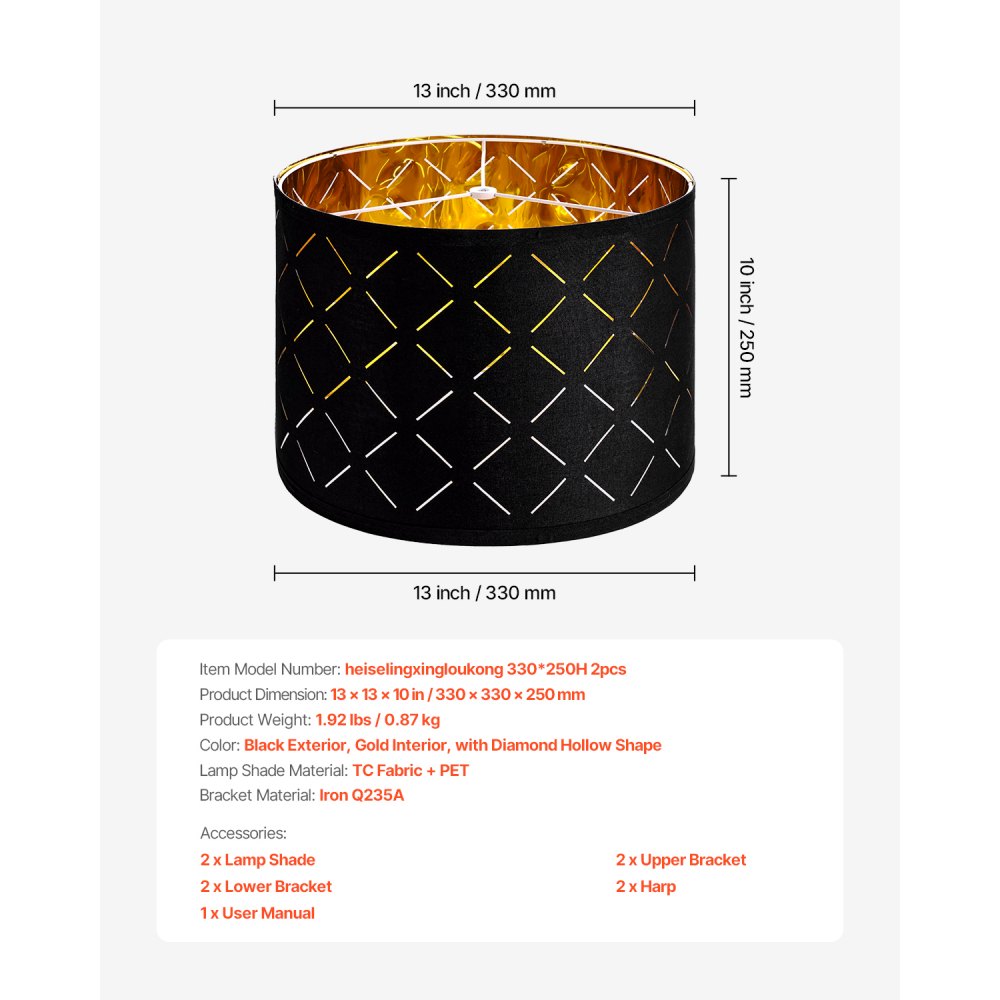 VEVOR Drum Lamp Shade 2 Set 33 x 33 x 25 cm Round Lampshade with Harp (Black)